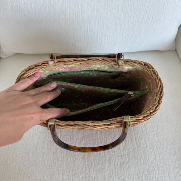 Kate Spade Wicker Basket Bag with Tortoise Handles & Paisley Interior - Picture 7 of 10